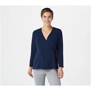 Linea by Louis Dell'Olio Wrapover Womens Pullover Blouse Midnight Navy Blue SZ 4